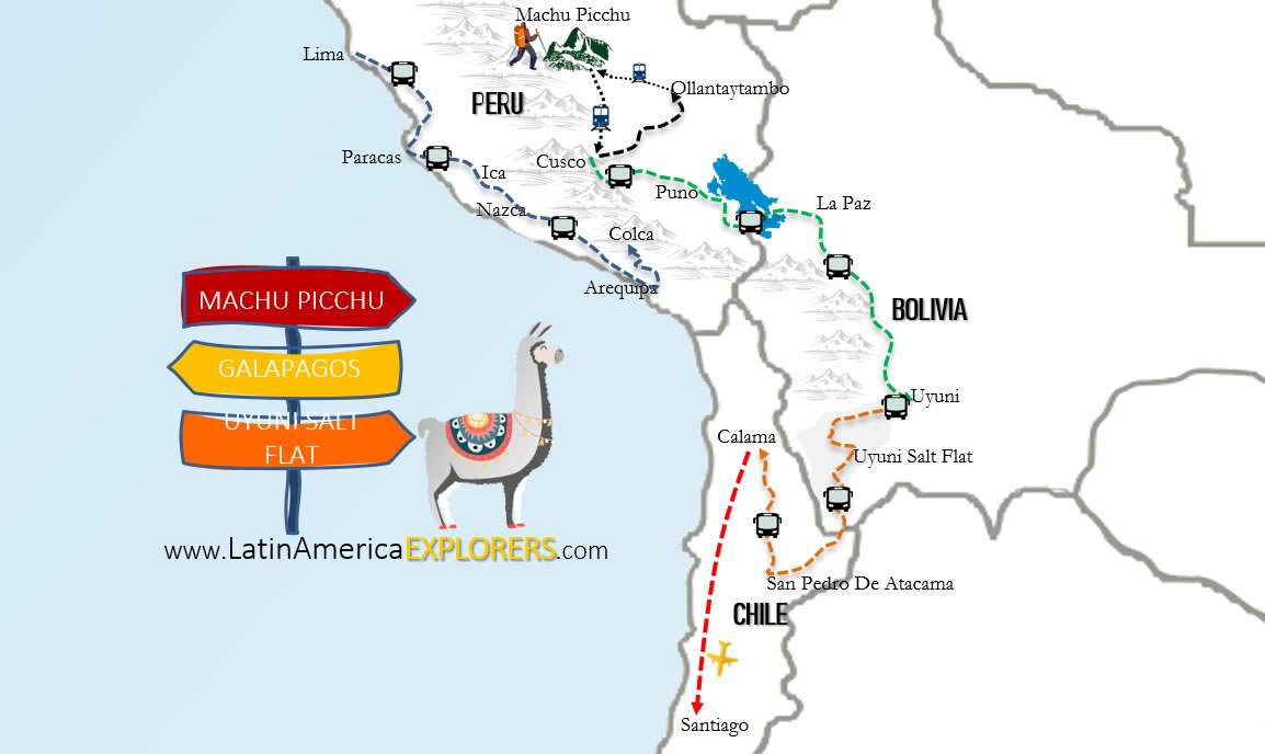 Tour map: Lima, Paracas, Nazca, Arequipa, Colca, Cusco, Machu Picchu, Puno, La Paz, Uyuni, San Pedro de Atacama